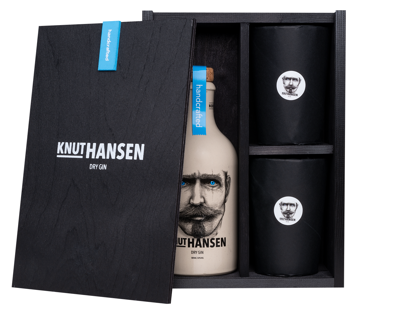 Knut Hansen - Holz Geschenkbox, Knut Hansen Dry Gin + 2 Keramikbecher
